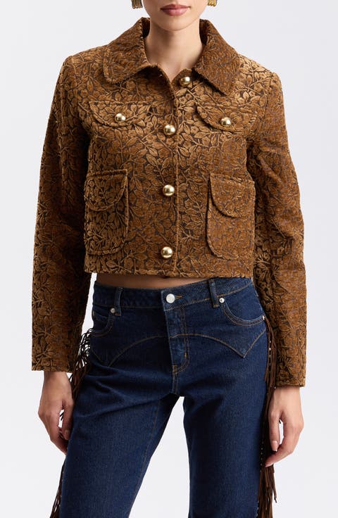 Flocked Floral Jacquard Cropped Jacket