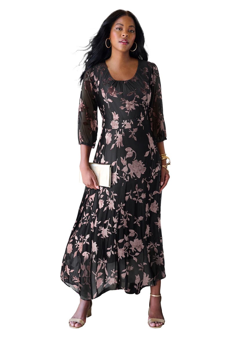 Plus Size Velvet 3/4 Sleeve Burnout Overlay Dress With Sheer Sleeves, Main, color, BLACK ROSE FLORAL