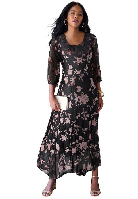 Plus Size Velvet 3/4 Sleeve Burnout Overlay Dress With Sheer Sleeves