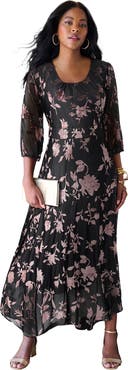 Roaman's Plus Size Velvet 3/4 Sleeve Burnout Overlay Dress With Sheer Sleeves