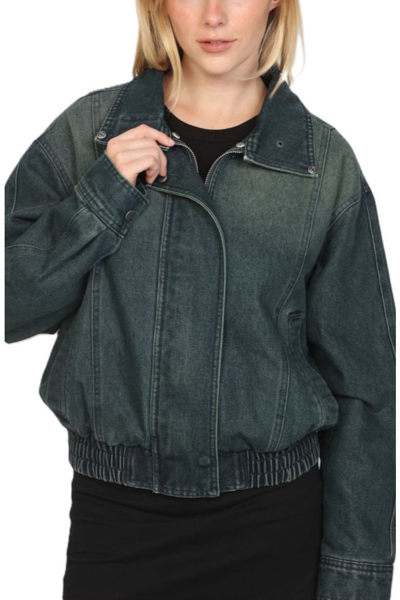 Faux Fur Collar Denim Bomber Jacket, Alternate, color, BLUE TINT