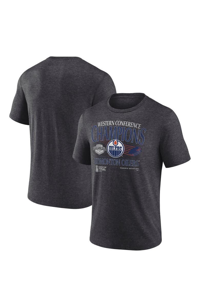 FANATICS Men's Fanatics  Heather Charcoal Edmonton Oilers 2025 Western Conference Champions Old School Tri-Blend T-Shirt, Alternate, color, 