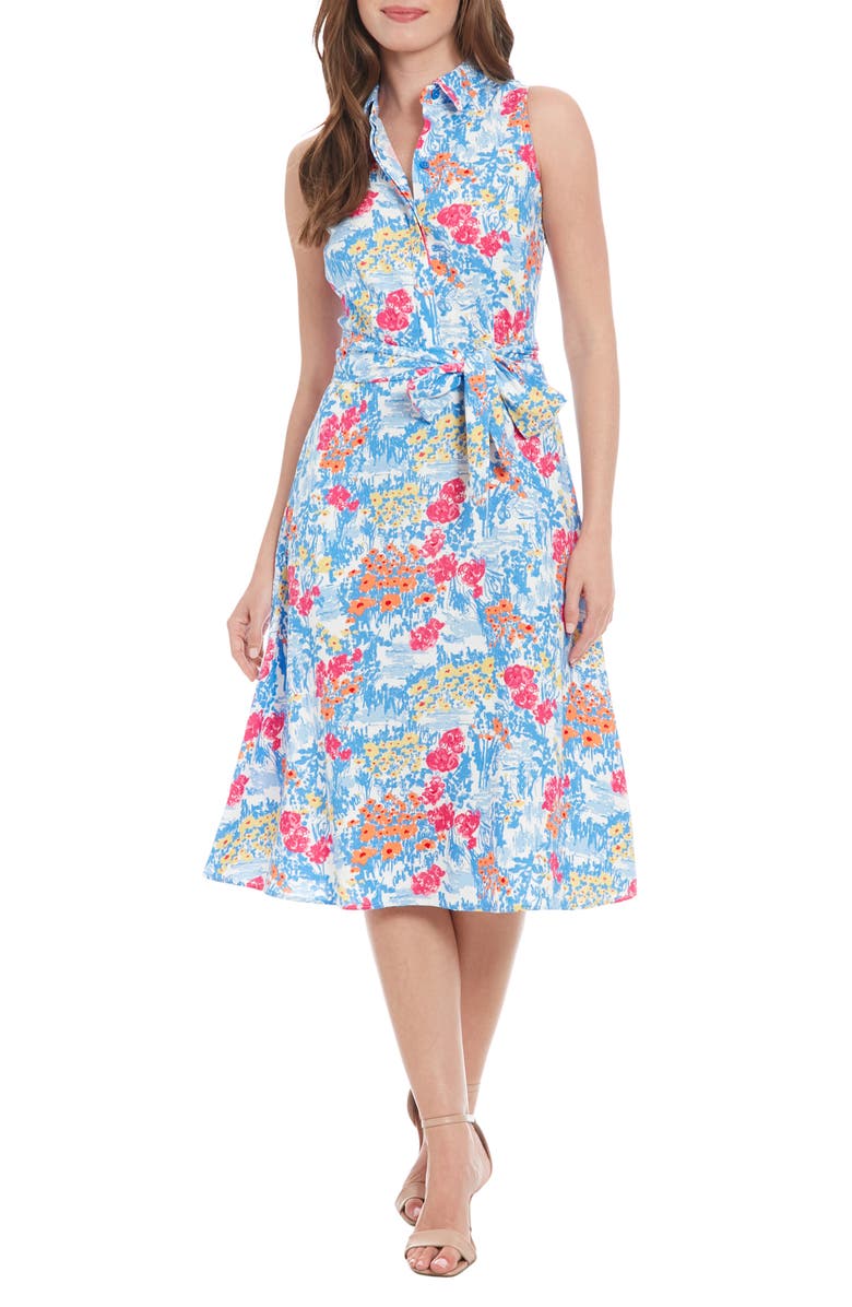 London Times Floral Sleeveless Linen Blend Midi Shirtdress, Main, color, Cream/ Cornflower Blue