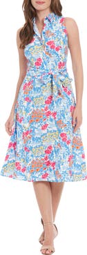 London Times Floral Sleeveless Linen Blend Midi Shirtdress