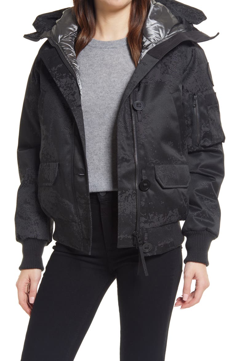 Chilliwack Holiday 625 Fill Power Down Hooded Bomber Jacket, Main, color, DRFTNG ICE BLK RFL