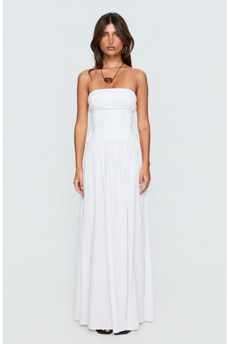 So Far So Good Strapless Linen & Cotton Maxi Dress, Alternate, color, WHITE