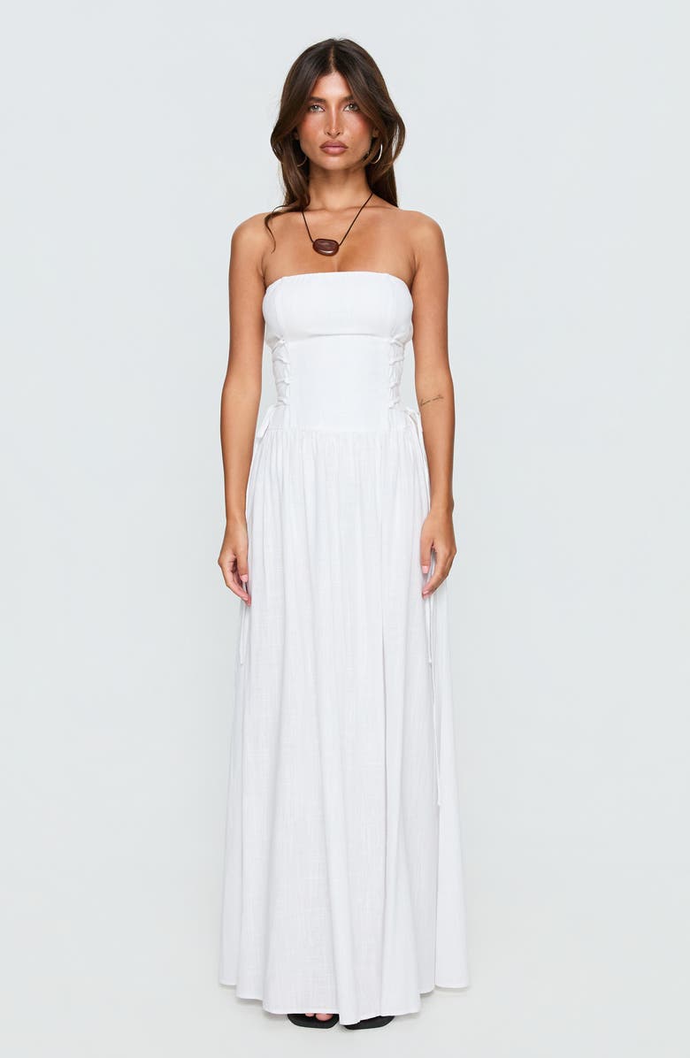 Princess Polly So Far So Good Strapless Linen & Cotton Maxi Dress, Alternate, color, White