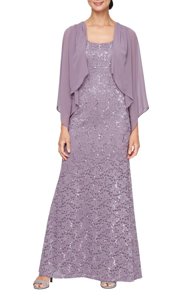 SL FASHIONS Sequin Floral Lace Dress with Mesh Jacket, Main, color, 