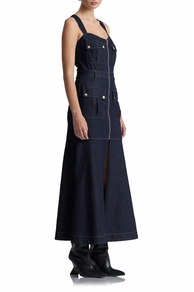 Denim Cargo Fit & Flare Maxi Dress, Alternate, color, DARK RINSE