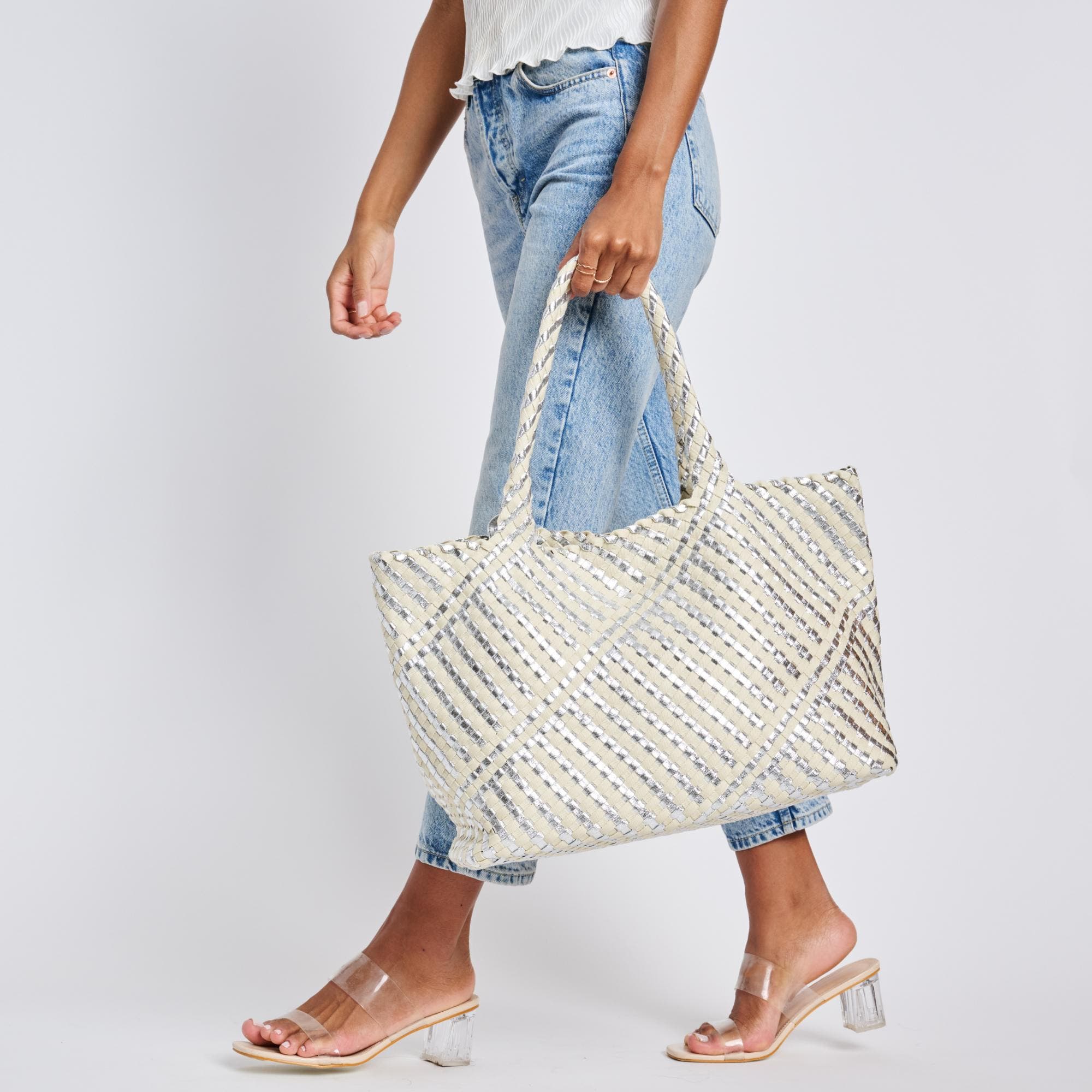 MODA LUXE Solana - Mixed Material Tote, Alternate, color, Silver Ivory