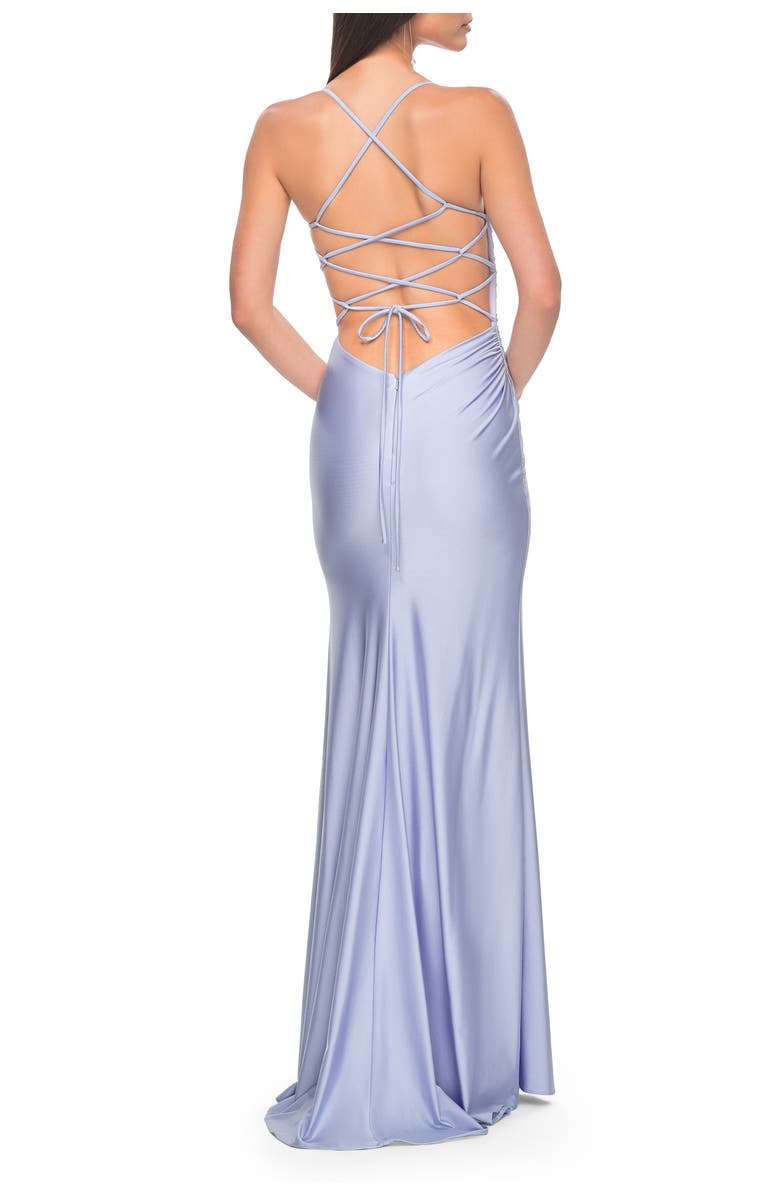 La Femme Jersey Dress with Square Neckline and Ruching, Alternate, color, Light Periwinkle