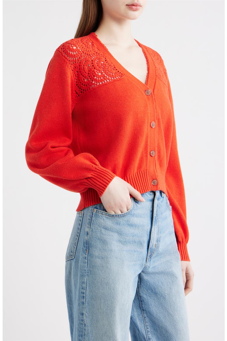 Openwork Detail Cotton Cardigan, Alternate, color, POPPY