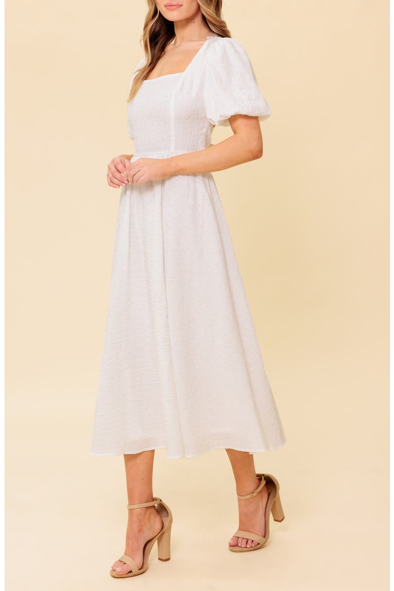 Puff Sleeve Tie Back Fit & Flare Midi Dress, Alternate, color, IVORY