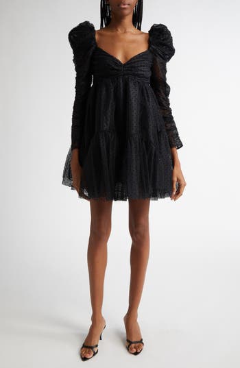 Zimmermann Polka Dot Long Sleeve Tulle Minidress In Black