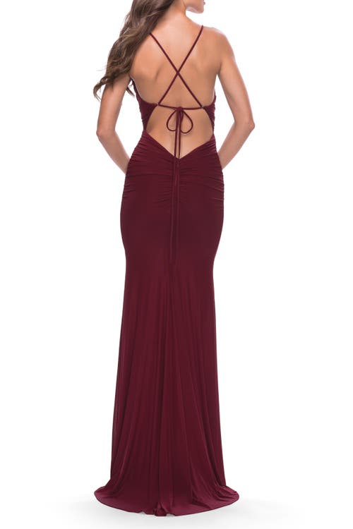 La Femme Long Net Jersey Dress With Illusion Waist