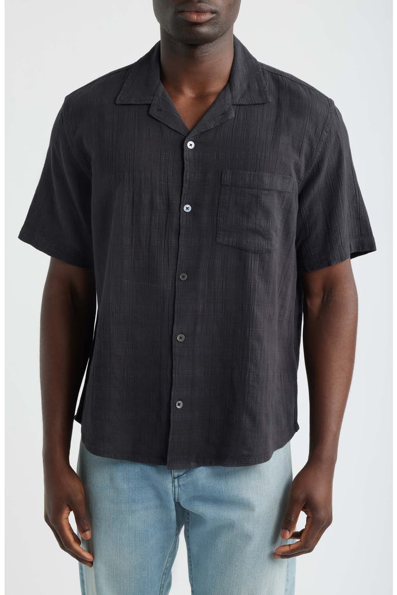 Washed Dobby Check Cotton Seersucker Camp Shirt, Main, color, WASHED BLACK