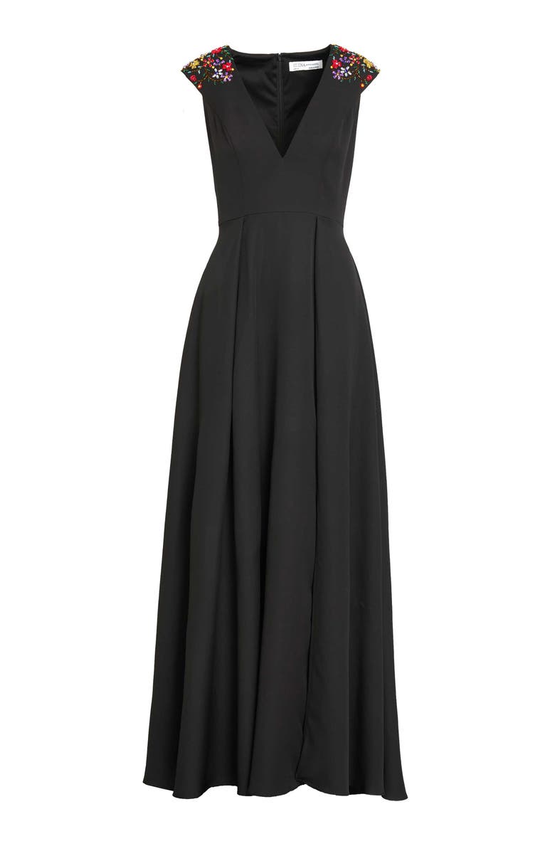 Mac Duggal Beaded Cap Sleeve V Neck A Line Gown, Alternate, color, Black