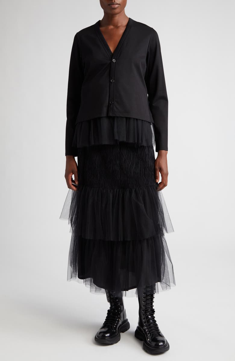 Noir Kei Ninomiya Tulle Detail Cotton Ponté Cardigan, Alternate, color,
