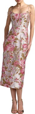 Mac Duggal Petite Floral Brocade Midi Dress with Bow Tie Straps