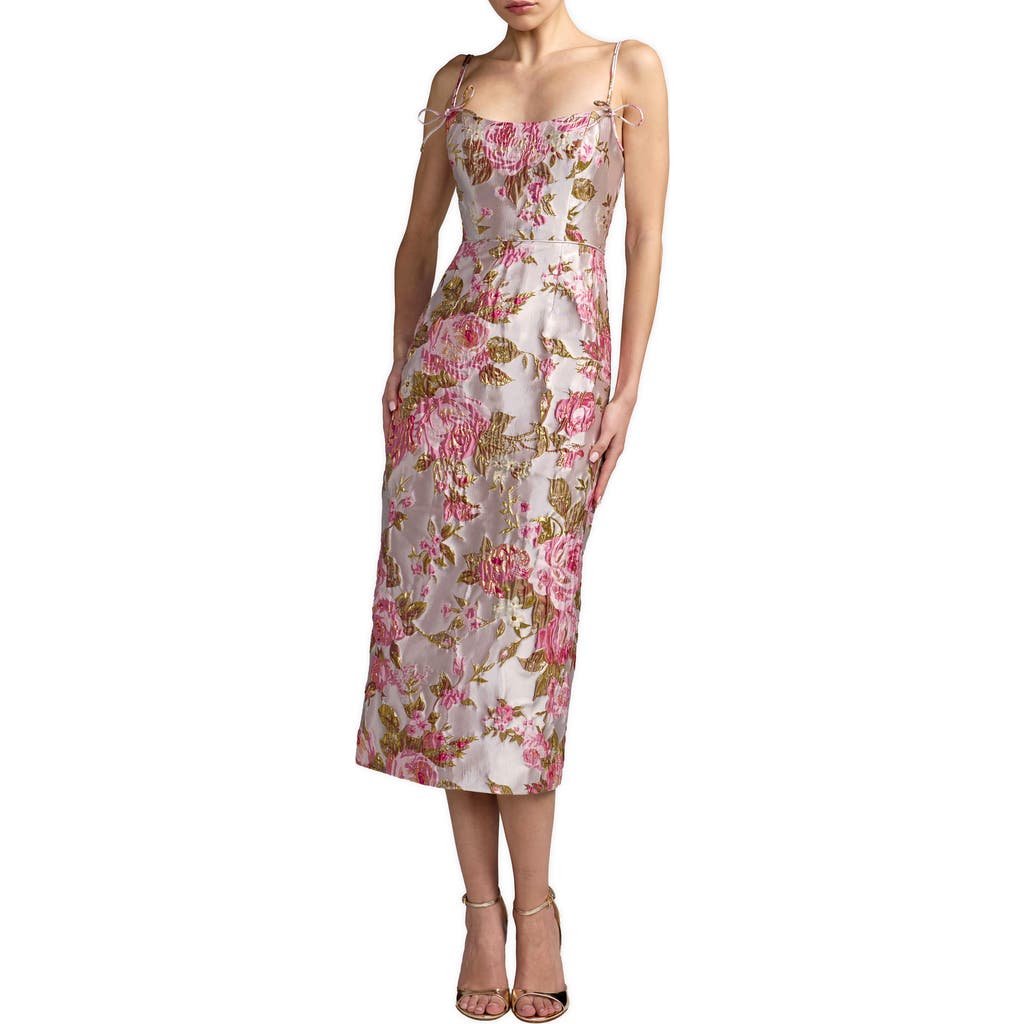 Mac Duggal Floral Brocade Midi Dress with Bow Tie Straps in Pink Multi at Nordstrom, Size 4