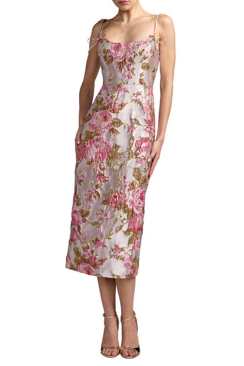 Mac Duggal Petite Floral Brocade Midi Dress with Bow Tie Straps in Pink Multi at Nordstrom, Size 4