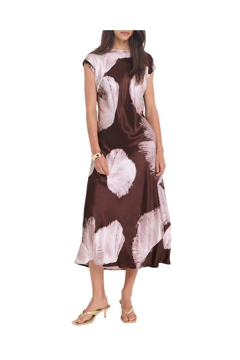 Satin Abstract Print Midi Dress, Main, color, Brown