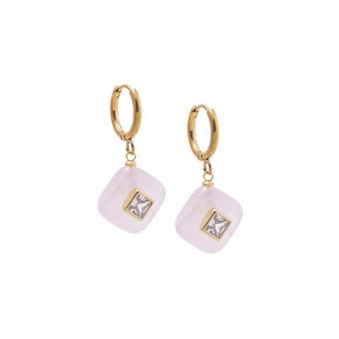 Square Charm Bezel Drop Huggie Earrings