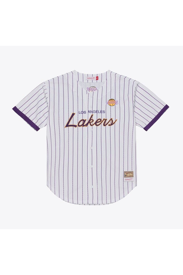 Men's Mitchell & Ness White Los Angeles Lakers Head Coach Pinstripe Mesh Full-Button Baseball Jersey, Main, color, White