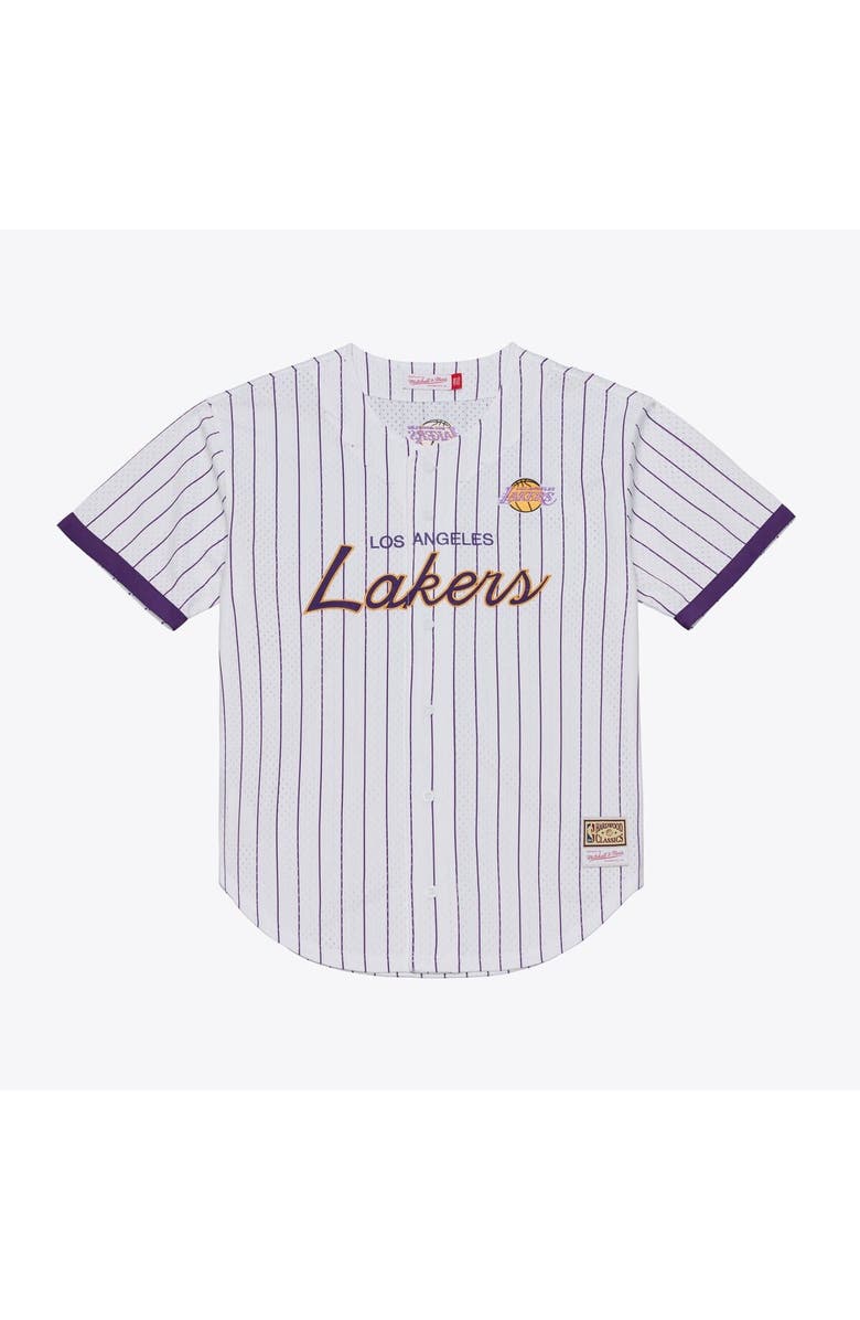 Mitchell & Ness Men's Mitchell & Ness White Los Angeles Lakers Head Coach Pinstripe Mesh Full-Button Baseball Jersey, Main, color, White