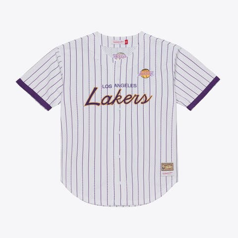 Men's Mitchell & Ness White Los Angeles Lakers Head Coach Pinstripe Mesh Full-Button Baseball Jersey