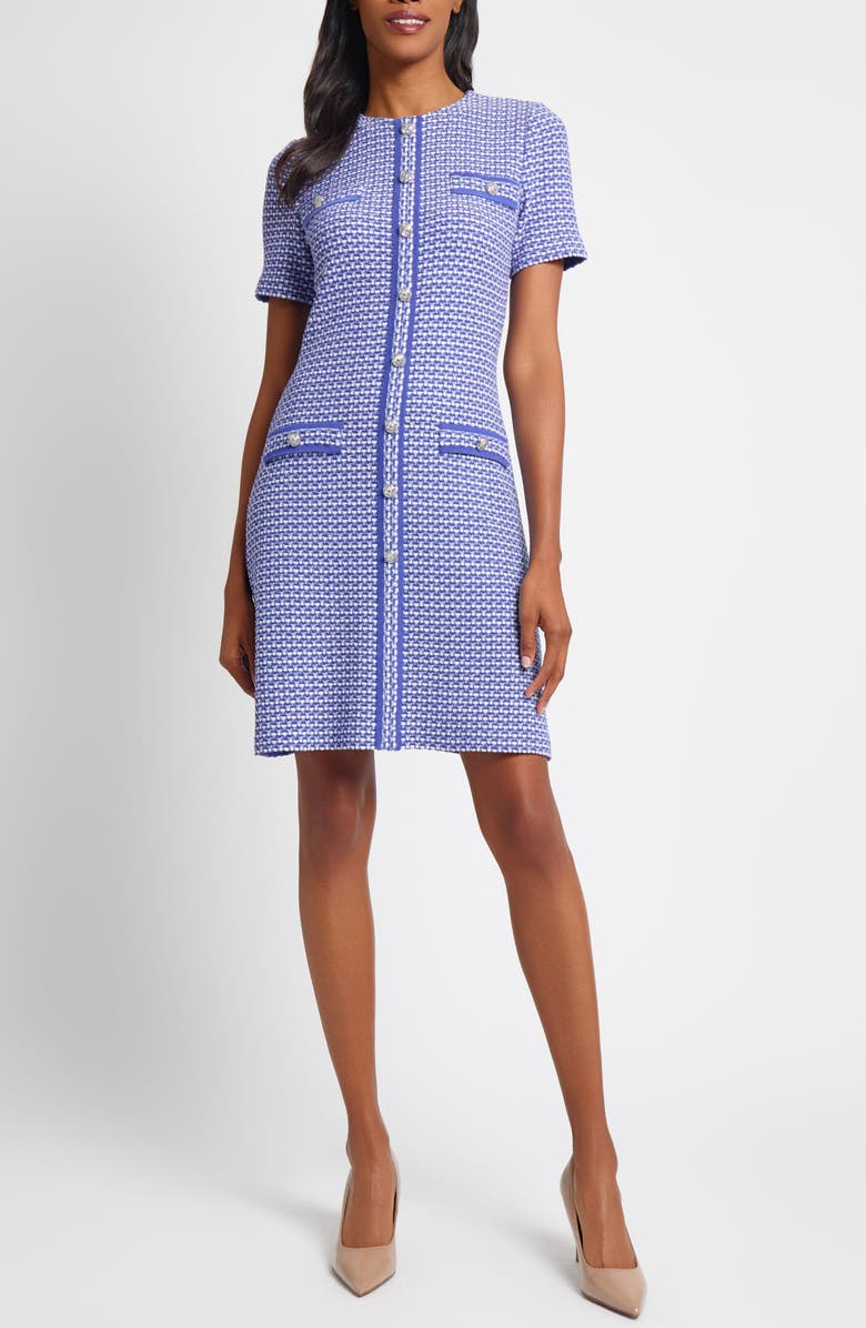 Ming Wang Honeycomb Tweed Sheath Dress, Main, color, Sapphire Sea/ Dawn/ Ivory