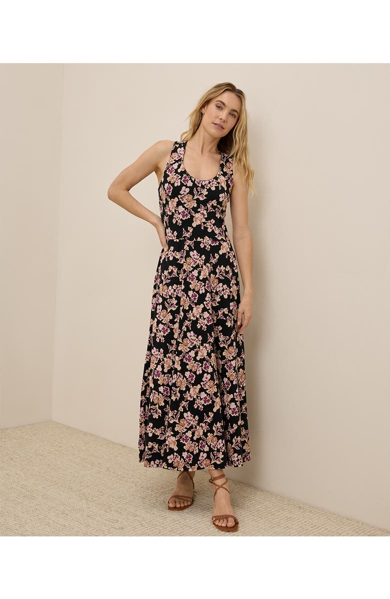 Pact Organic Cotton Fit & Flare Open Back Maxi Dress, Main, color, Scattered Posies Black