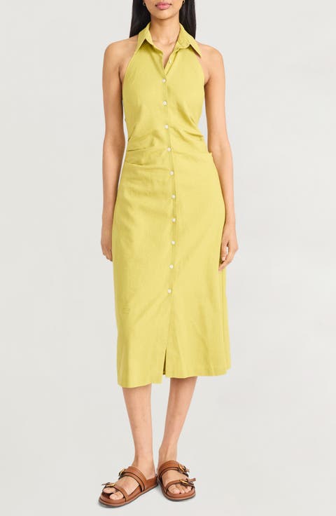 Sleeveless Linen Blend Halter Shirtdress