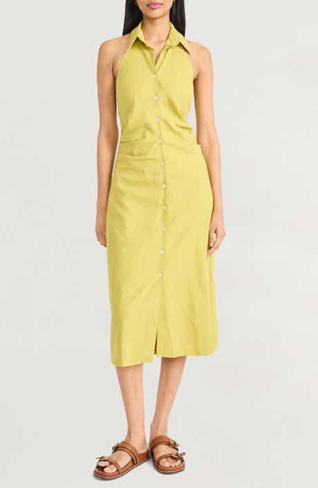 The Good Journey Sleeveless Linen Blend Halter Shirtdress