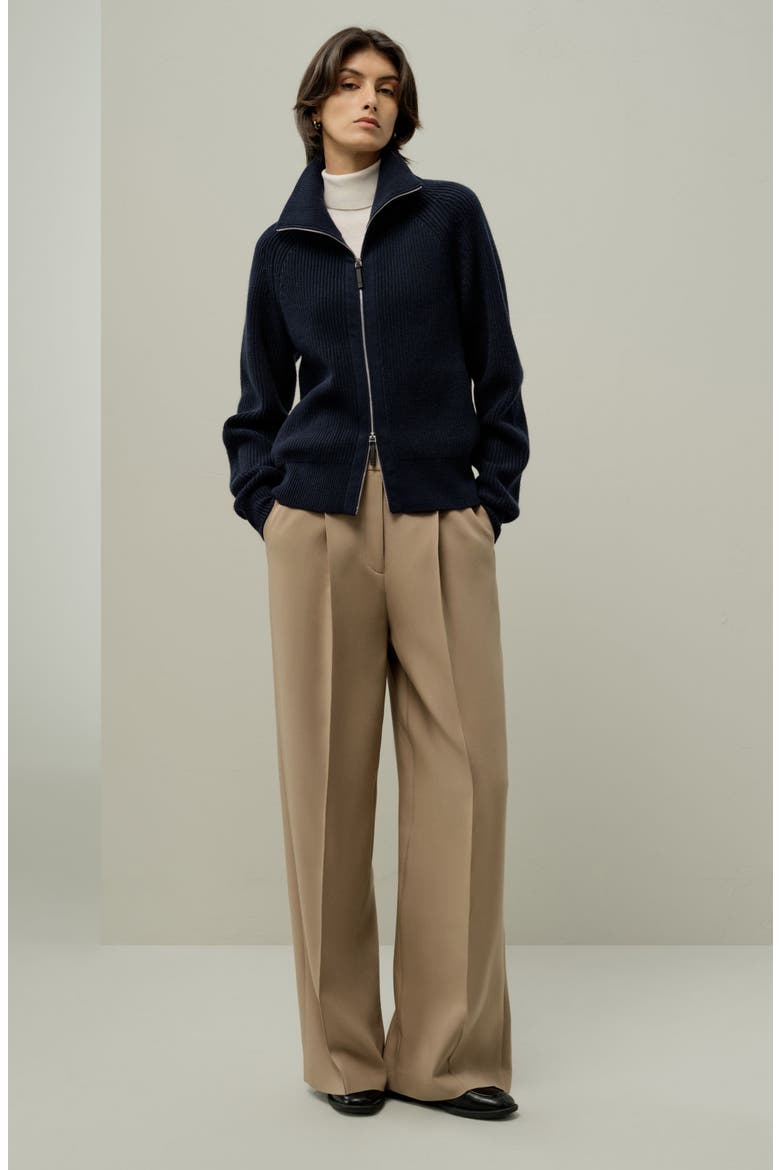 Women's Ribbed-knit Turtleneck Zip Cardigan, Alternate, color, Navy Blue