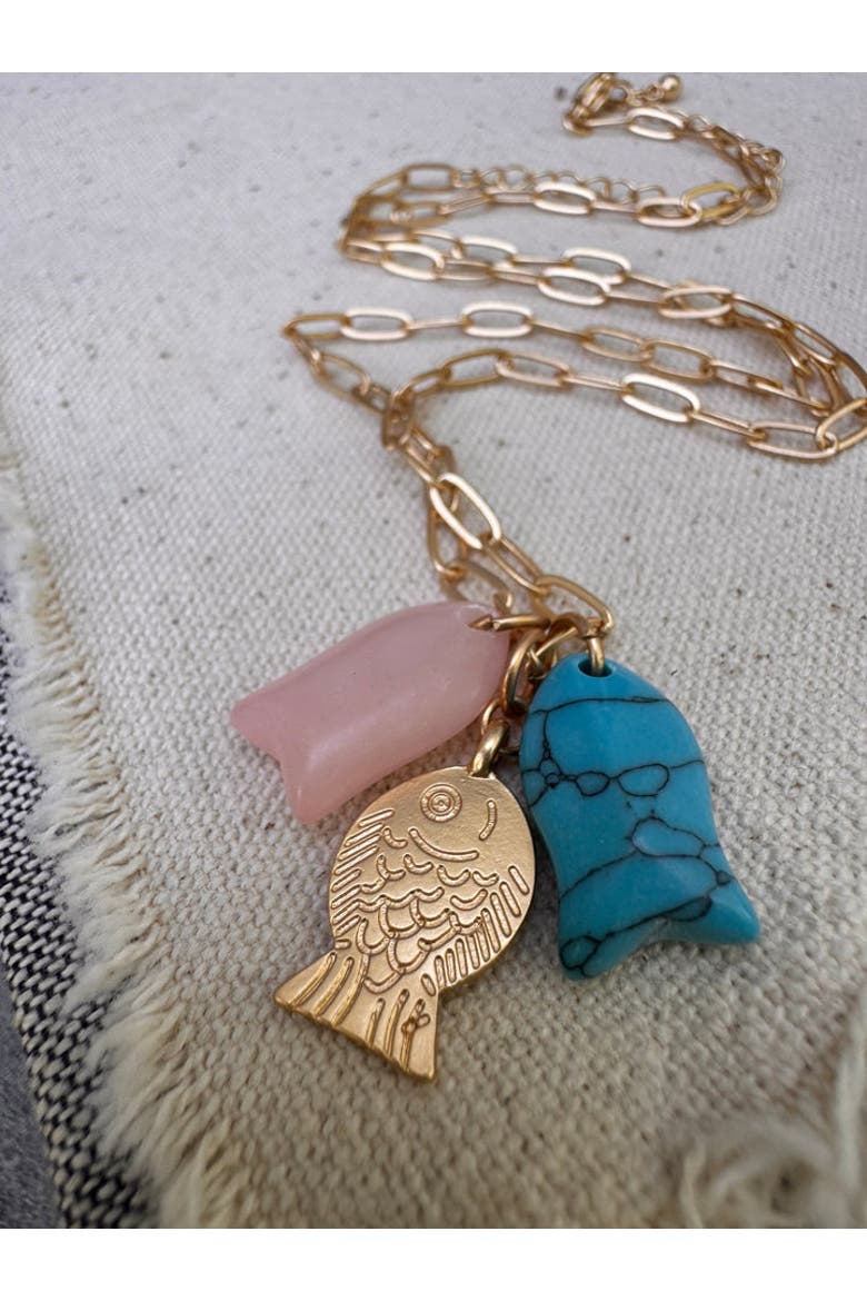 Three Lucky Fish Necklace, Alternate, color, Gold