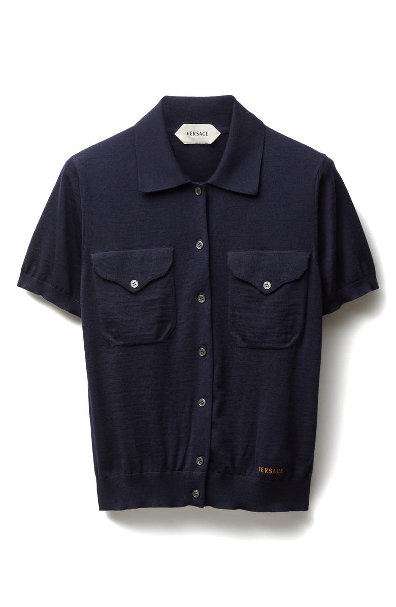 Versace Gender Inclusive Embroidered Short Sleeve Virgin Wool Shirt Cardigan, Alternate, color, Navy