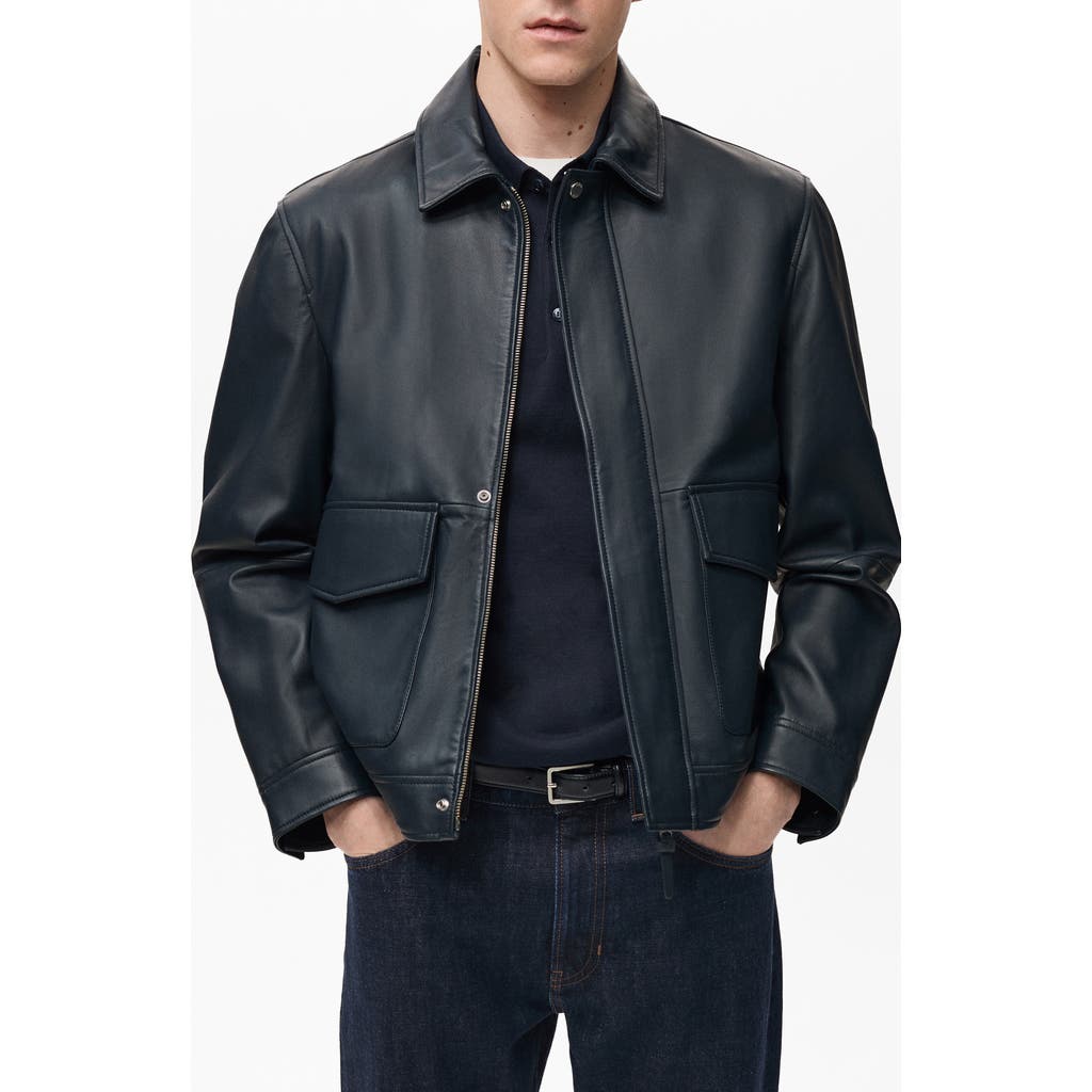 Mango Leather Jacket With Pockets In Blue