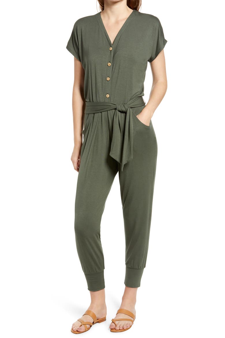 Button Front Tie Jumpsuit, Main, color, DARK OLIVE
