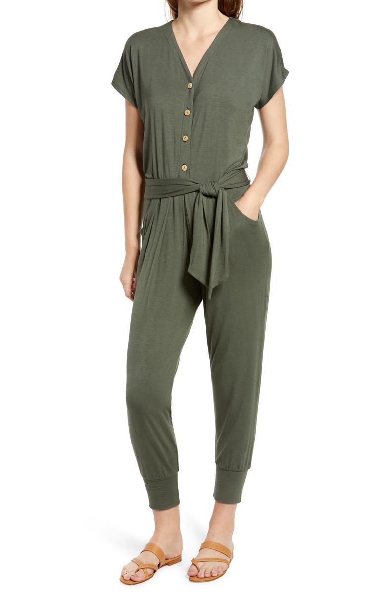Loveappella Button Front Tie Jumpsuit, Main, color, 