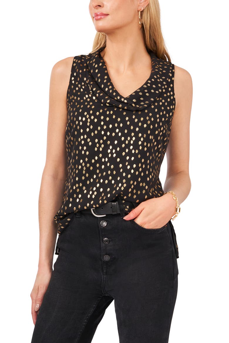 Sleeveless Foil Dot Cowl Neck Chiffon Blouse, Main, color, RICH BLACK
