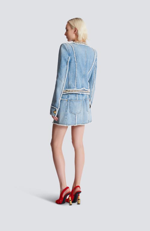 Balmain Faux Pearl-embellished Frayed Denim Jacket