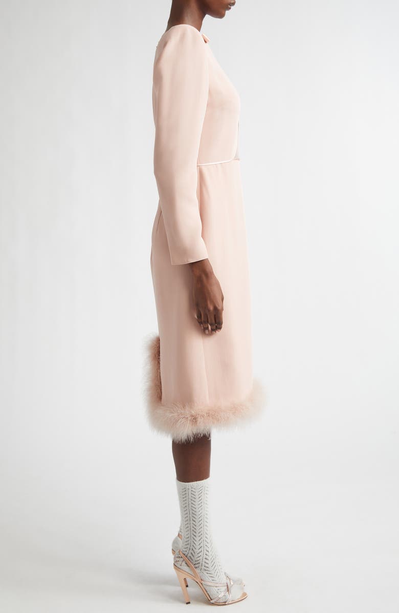 Valentino Feather Trim Long Sleeve Silk Cady Couture Dress, Alternate, color, Rose