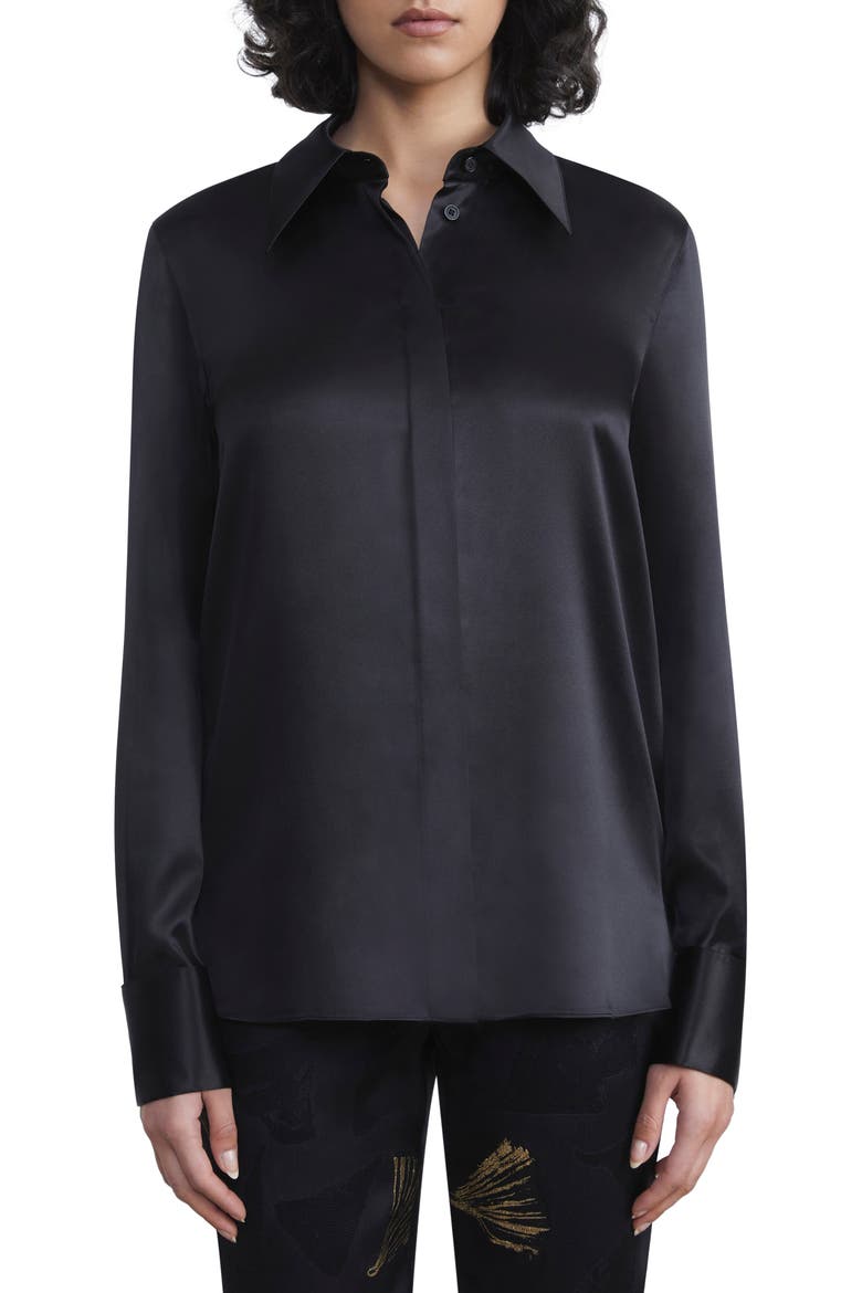 French Cuff Silk Button-Up Blouse, Main, color, BLACK