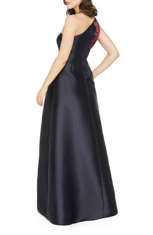 Kay Unger Dianna One-shoulder Pleated Mikado Gown In Blue