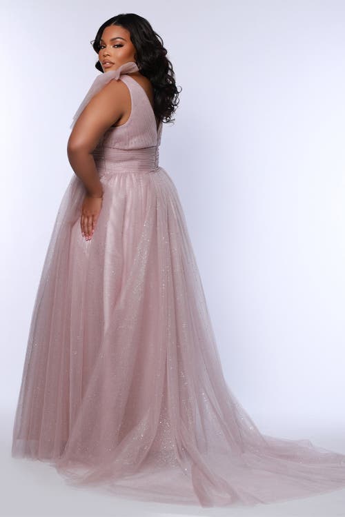 Sydney's Closet V-neckline Bra-friendly Plus Size A-line Gown With Bows In Mauve