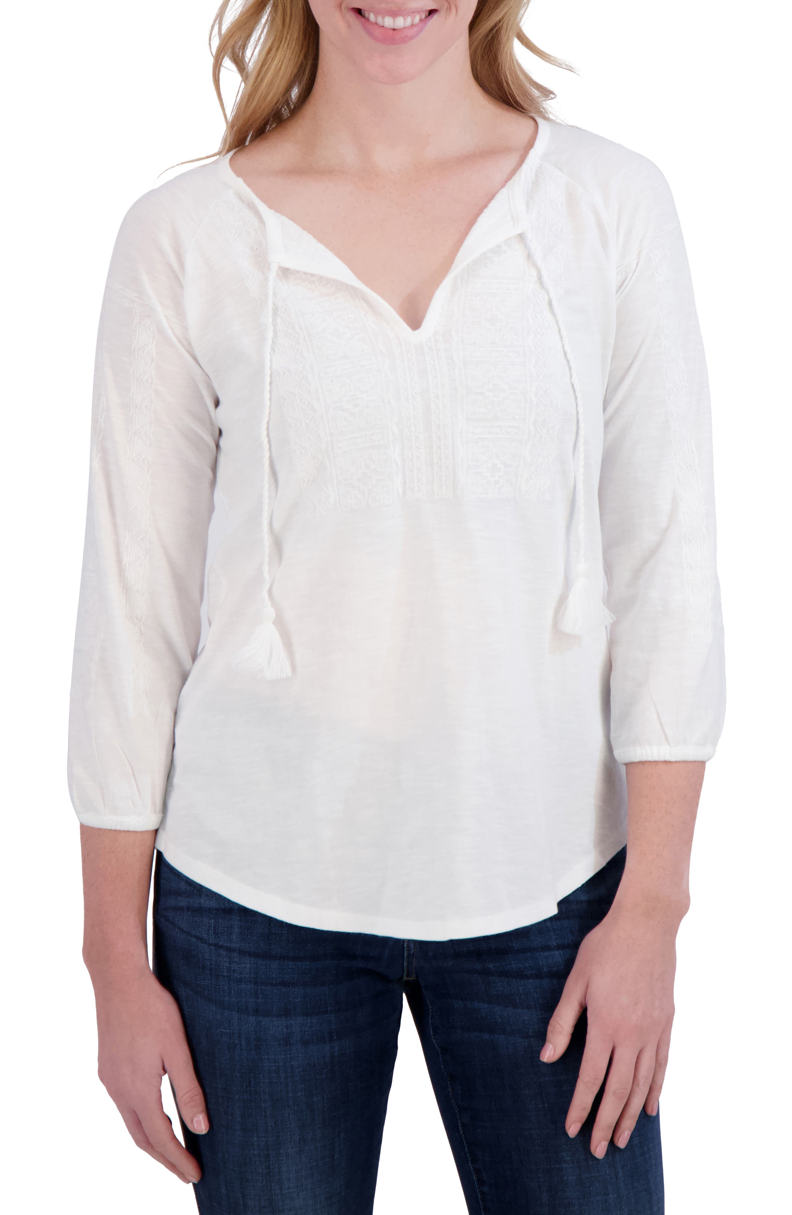 Lucky Brand Tassel Tie Embroidered Cotton Top