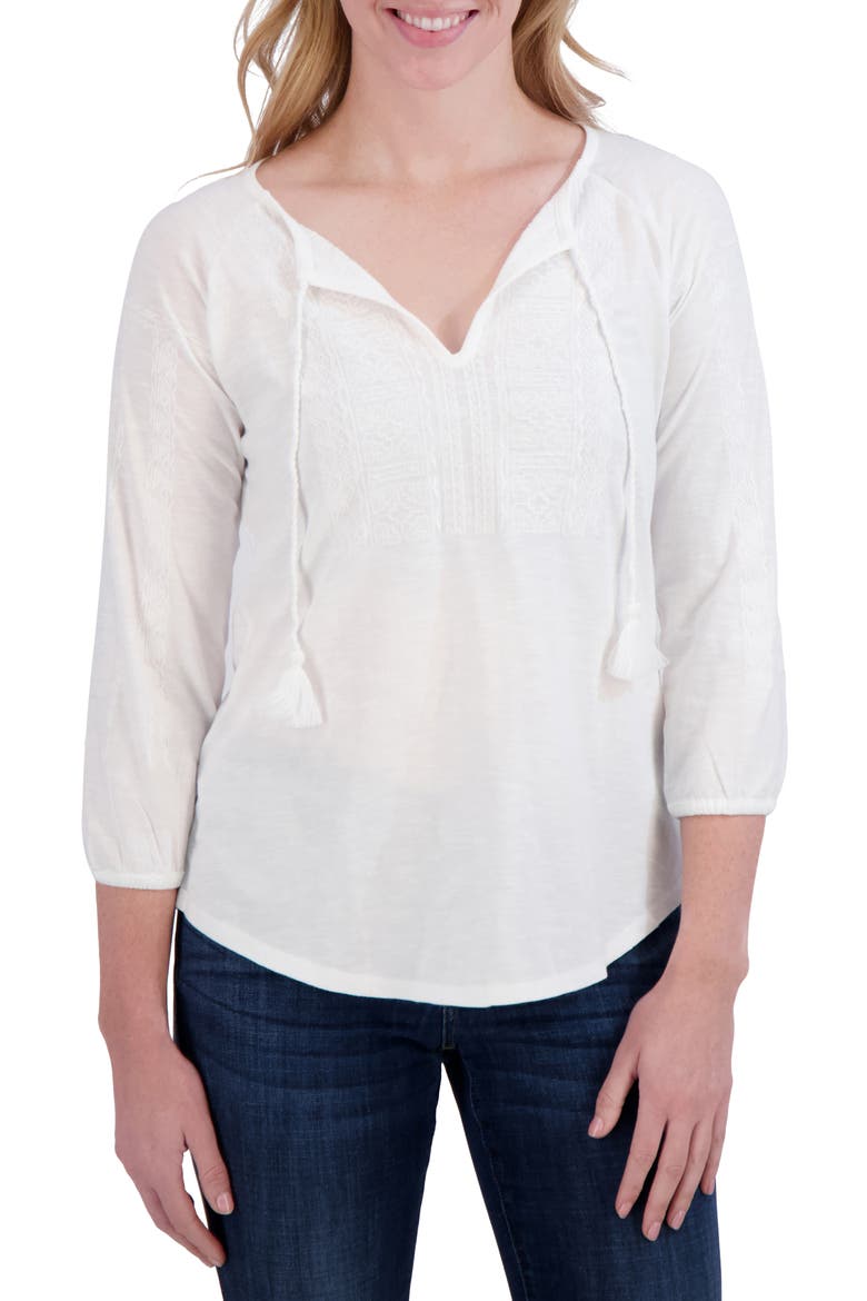 Tassel Tie Embroidered Cotton Top, Main, color, LUCKY WHITE