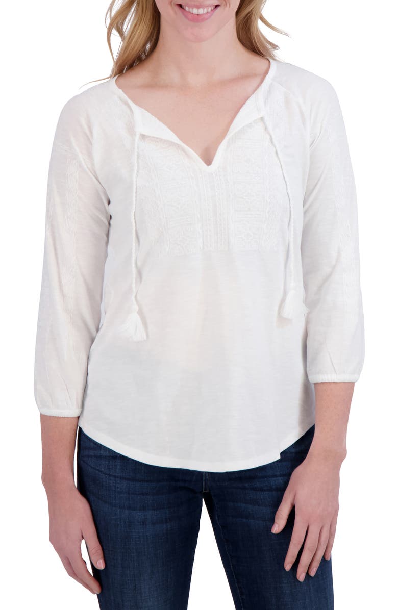 Lucky Brand Tassel Tie Embroidered Cotton Top, Main, color, Lucky White