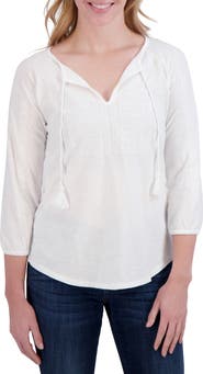 Lucky Brand Tassel Tie Embroidered Cotton Top